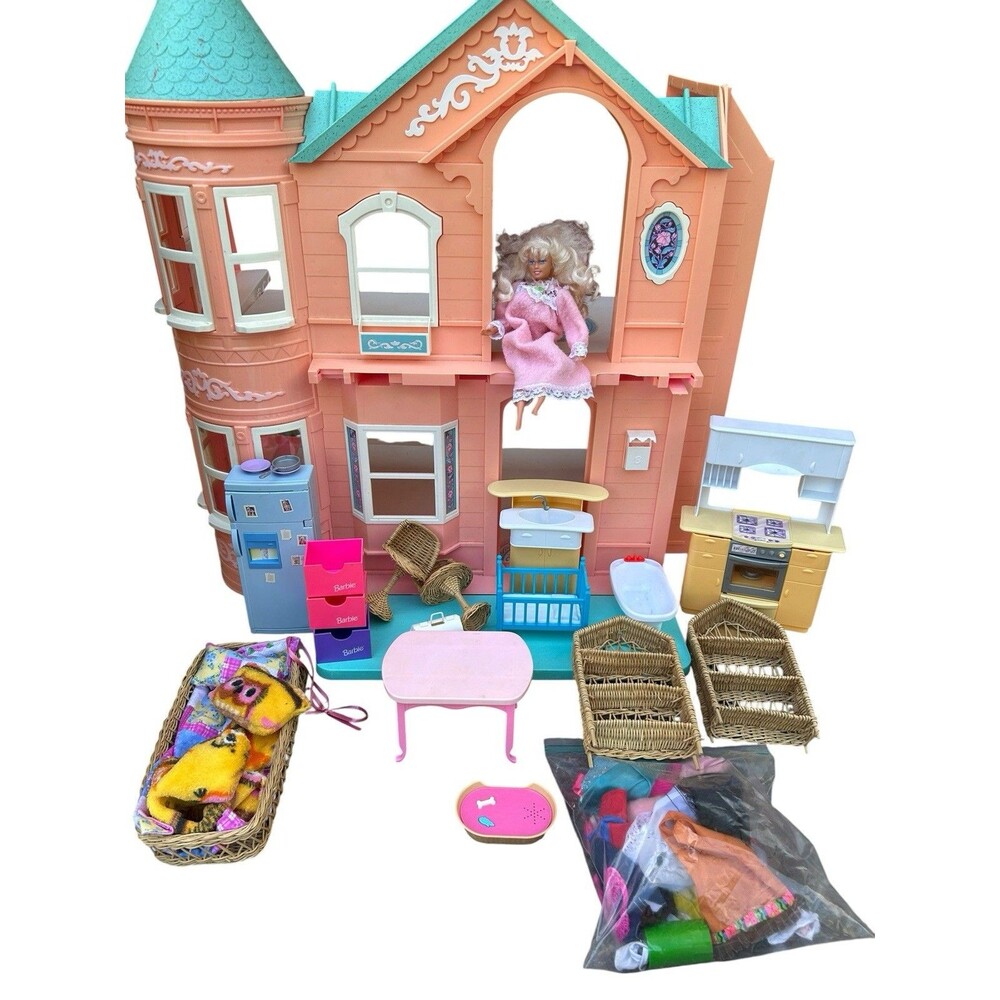 Vintage 1995 Barbie Victorian Dream House Pink Blue Folding With 90s Accessories